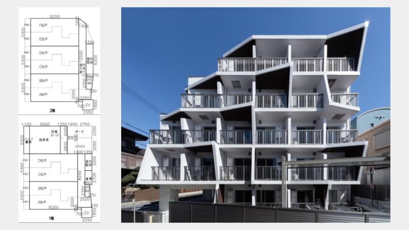 水回りをクランク状に配置し1戸あたりの間口を最小化した計画図とマンション外観デザインのイメージ